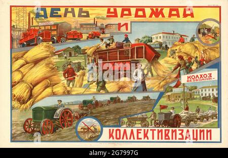 Journée de récolte et de collectivisation. Musée: Bibliothèque d'Etat russe, Moscou. Auteur: ANONYME. Banque D'Images