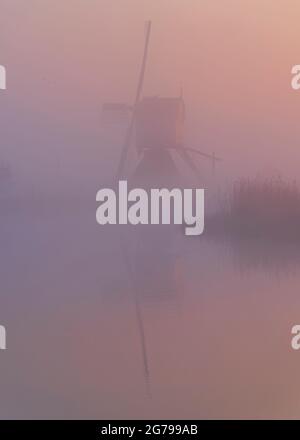 Impressions d'une randonnée printanière au lever du soleil et brouillard en Hollande du Sud dans la région d'Alblasserwaard Vijfheerenlanden près de Kinderdijk: moulin au lever du soleil et brouillard. Banque D'Images