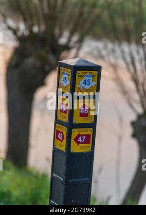 Impressions d'une randonnée printanière au lever du soleil et au brouillard dans le sud de la Hollande, dans la région d'Alblasserwaard Vijfheerenlanden près de Kinderdijk: Indications de la route de randonnée Banque D'Images