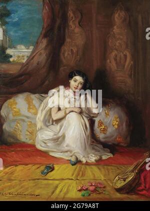 Une fille mauresque, assise dans un riche intérieur (Almée). Musée : COLLECTION PRIVÉE. Auteur: THEODORE CHASSERIAU. Banque D'Images