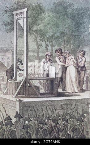 Marie Antoinette devant la guillotine, 16 octobre 1793. Marie Antoinette, née Maria Antonia Josepha Johanna, 1755 - 1793, Reine de France comme épouse si le roi Louis XVI Après une oeuvre de Christiaan Josi. Colorisation ultérieure. Banque D'Images