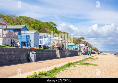 Rangées colorées de huttes en bois, chalets ou cabanes de plage Whitstable sur les pentes herbeuses de Tankerton sous Marine Parade Whitstable Kent Angleterre GB Europe Banque D'Images
