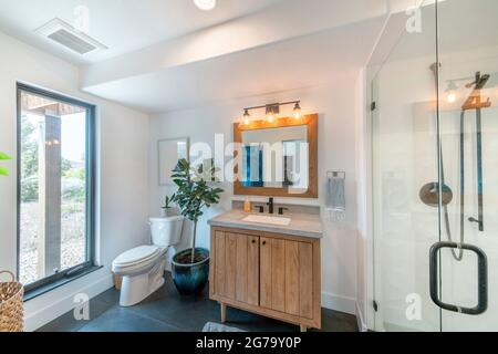 Salle de bains de style boho avec grande fenêtre près de la cuvette de toilette avec des plantes sur le dessus et sur le côté Banque D'Images