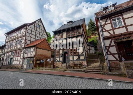 Allemagne, Saxe-Anhalt, Harz, Stolberg, maisons historiques à colombages de la vieille ville. Banque D'Images