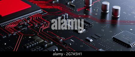 Carte de circuit imprimé moderne avec informations conceptuelles rouges s'exécutant à partir du processeur avec un rendu 3d de virus Banque D'Images