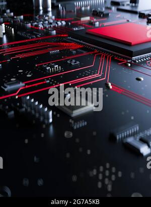 Carte de circuit imprimé moderne avec informations conceptuelles rouges s'exécutant à partir du processeur avec un rendu 3d de virus Banque D'Images