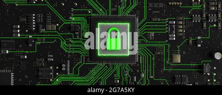 Carte de circuit imprimé moderne de couleur verte avec un cadenas vert conceptuel pour un rendu 3d sécurisé du système Banque D'Images