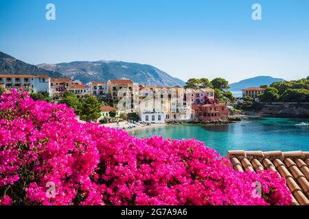 Assos sur l'île Céphalonie Kefalonia Ionienne en Grèce. Fleur rose vif au premier plan. Vacances d'été Banque D'Images