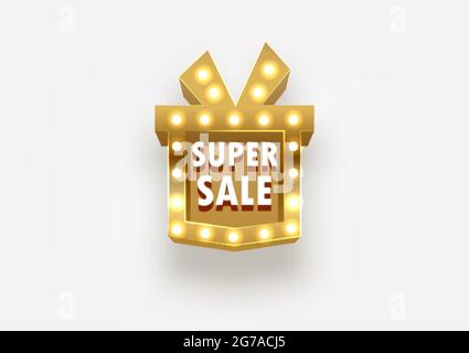 Boîte cadeau Super sale comme illustration vectorielle de panneau doré. Remise spéciale. Illustration de Vecteur