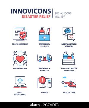 Secours en cas de catastrophe - icônes modernes et colorées de style design de ligne. Ensemble d'images d'urgence potentiellement mortelles. Compilation rouge et bleu. Fournitures, évacuation, volume Illustration de Vecteur