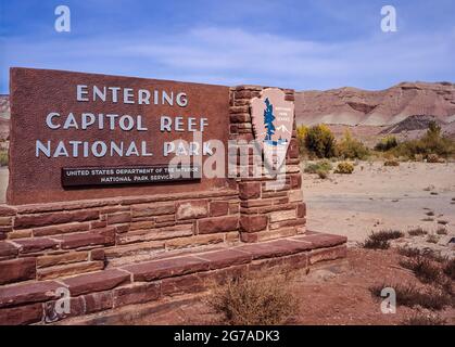 Panneau d'entrée, parc national Capitol Reef, Utah, États-Unis, Banque D'Images