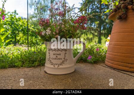 Décoration dans le jardin avec fleurs sauvages dans un vase. Banque D'Images