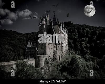 Château d'Eltz, Château Romanticisme, Château Rouge, Château-Rouge, Delft porcelaine, Eifel, Eltz, Elzbach, à colombages, Ganerbeburg, Communauté de Ganerbe, propriété culturelle protégée selon la Convention de la Haye, château perché, construction de chapelle, maison de Kemenich, Münstermaifeld, Platteltz, lit Renaissance, salle de chevalier, maison Rodendorf, maison Rübenach, Chambre du Trésor, division tribale, symbole, château de rêve, Trutzeltz, Non détruit, Vordereifel, collecte d'armes, Wierschem Banque D'Images