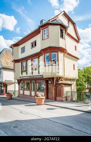 1495, Pont du Vieux Nahe, Bad Kreuznach, pont, maisons de pont, Pont Saint patron, Croix du Christ, protection des monuments, maisons, Johannes von Nepomuk, KH, ville de quartier, Mannheimerstrasse, Mühlenteich, Nahe, affluent, côté amont, porphyre, grès, pont en pierre, Wörthinsel Banque D'Images