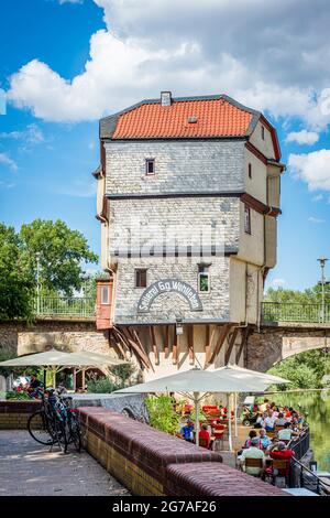 1495, Pont du Vieux Nahe, Bad Kreuznach, pont, maisons de pont, Pont Saint patron, Croix du Christ, protection des monuments, maisons, Johannes von Nepomuk, KH, ville de quartier, Mannheimerstrasse, Mühlenteich, Nahe, affluent, côté amont, porphyre, grès, pont en pierre, Wörthinsel Banque D'Images