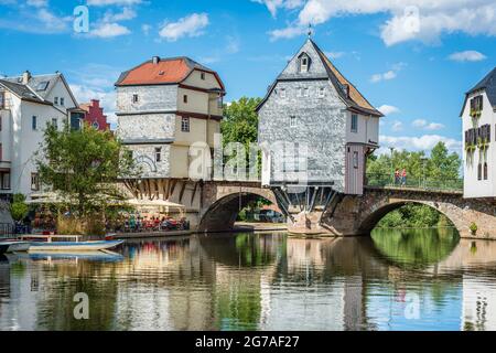 1495, Pont du Vieux Nahe, Bad Kreuznach, pont, maisons de pont, Pont Saint patron, Croix du Christ, protection des monuments, maisons, Johannes von Nepomuk, KH, ville de quartier, Mannheimerstrasse, Mühlenteich, Nahe, affluent, côté amont, porphyre, grès, pont en pierre, Wörthinsel Banque D'Images