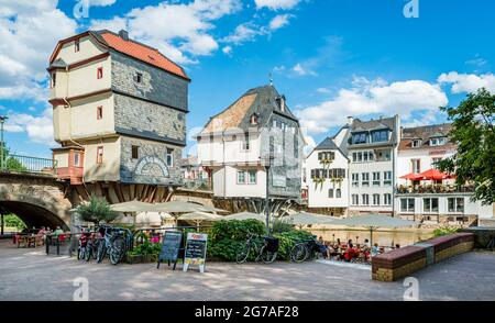1495, Pont du Vieux Nahe, Bad Kreuznach, pont, maisons de pont, Pont Saint patron, Croix du Christ, protection des monuments, maisons, Johannes von Nepomuk, KH, ville de quartier, Mannheimerstrasse, Mühlenteich, Nahe, affluent, côté amont, porphyre, grès, pont en pierre, Wörthinsel Banque D'Images