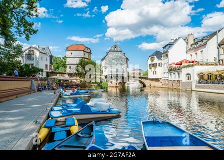 1495, Pont du Vieux Nahe, Bad Kreuznach, pont, maisons de pont, Pont Saint patron, Croix du Christ, protection des monuments, maisons, Johannes von Nepomuk, KH, ville de quartier, Mannheimerstrasse, Mühlenteich, Nahe, affluent, côté amont, porphyre, grès, pont en pierre, Wörthinsel Banque D'Images