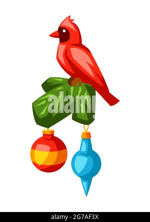 Illustration de joyeux Noël avec un oiseau cardinal rouge et une décoration. Invitation de Noël ou carte de vœux de style dessin animé. Illustration de Vecteur