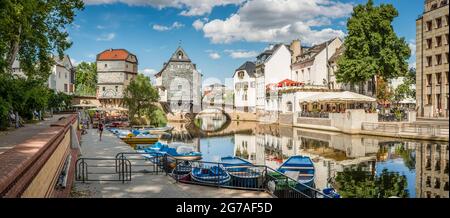 1495, vieux pont de Nahe, Bad Kreuznach, pont, maisons de pont, Pont Saint patron, Christ Cross, protection monument, maisons, Johannes von Nepomuk, KH, ville du quartier, Mannheimerstrasse, étang du moulin, Nahe, affluent, côté amont, porphyre, Banque D'Images