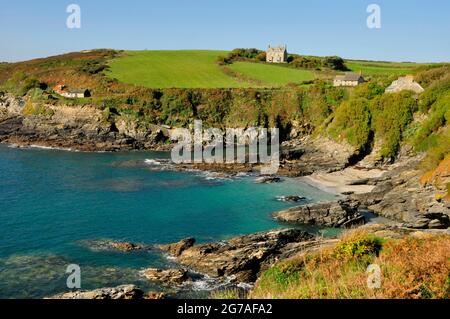 Les couleurs automnales de la côte contrastent le bleu vif de la mer et du ciel à la crique de Bessy, à la crique de Prusse près de Penzance en Cornouailles. ROYAUME-UNI Banque D'Images