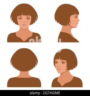 coiffures de fille de vecteur, visage complet et personnage de tête de profil Illustration de Vecteur