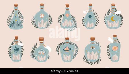 Ensemble de biberons Magic. Collection vintage potion. Sorcellerie. Illustration vectorielle plate dans des couleurs pastel. Illustration de Vecteur