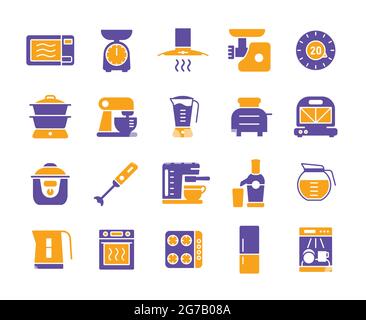 Appareils de cuisine équipement électrique électronique outil vecteur icône glyphe ensemble. Symbole graphique pour le site Web de cuisine et la conception d'applications, le logo, l'application, l'interface utilisateur Illustration de Vecteur