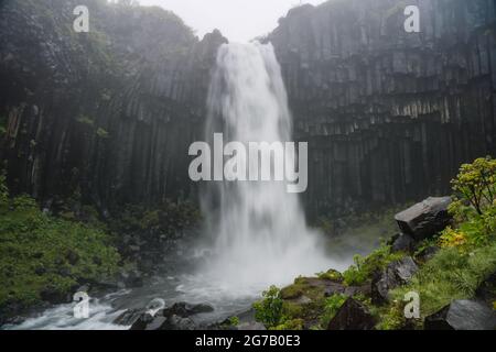 Cascade de Svartifoss par temps sombre, brumeux et brumeux. Attraction touristique populaire. Emplacement Parc national de Skaftafell, glacier Vatnajokull, Islande, Europe. Beauté de la terre. Banque D'Images