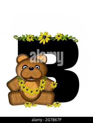 La lettre B, dans l'ensemble d'alphabet 'Teddy making Daisy Chain', est noire. L'ours en peluche rassemble des pâquerettes pour faire des guirlandes jaunes. Banque D'Images