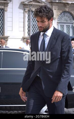 Rome, Italie. 12 juillet 2021. Le joueur de tennis italien et le finaliste de Wimbledon en 2021, Matteo Berrettini, arrivent pour assister à une cérémonie avec les joueurs de l'équipe nationale de football italien, au palais présidentiel de Quirinale à Rome le 12 juillet 2021 crédit: dpa/Alay Live News Banque D'Images