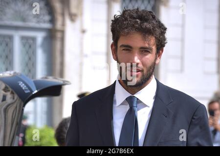 Rome, Italie. 12 juillet 2021. Le joueur de tennis italien et le finaliste de Wimbledon en 2021, Matteo Berrettini, arrivent pour assister à une cérémonie avec les joueurs de l'équipe nationale de football italien, au palais présidentiel de Quirinale à Rome le 12 juillet 2021 crédit: dpa/Alay Live News Banque D'Images