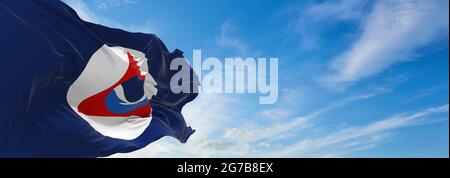 Minsk, Bélarus - Mai 2021 : drapeau de l'Administration nationale océanique et atmosphérique qui agite dans le vent. États-Unis. Copier l'espace. illustration 3d, Banque D'Images