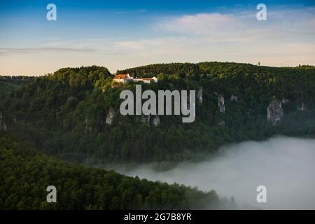 Vue d'Eichfelsen au château de Wildenstein avec brouillard du matin, lever du soleil, près d'Irndorf, Parc naturel du Haut Danube, Vallée du Haut Danube, Danube, Souabe Banque D'Images