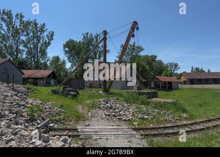 Carrière de pierre naturelle à la fin du XIXe siècle, réplique dans le musée en plein air franconien, Bad Windsheim, moyenne-Franconie, Bavière, Germanyd Banque D'Images