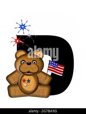 La lettre D, dans l'alphabet 'Teddy 4th of July', est noire. L'ours en peluche brun est drapeau américain. Les feux d'artifice en rouge, blanc et bleu explosent arou Banque D'Images