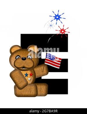 La lettre E, dans l'alphabet 'Teddy 4th of July', est noire. L'ours en peluche brun est drapeau américain. Les feux d'artifice en rouge, blanc et bleu explosent arou Banque D'Images