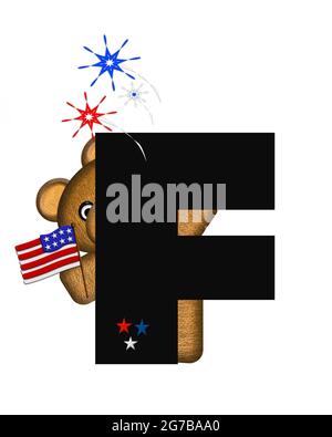 La lettre F, dans l'alphabet 'Teddy 4th of July', est noire. L'ours en peluche brun est drapeau américain. Les feux d'artifice en rouge, blanc et bleu explosent arou Banque D'Images
