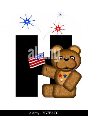 La lettre H, dans l'alphabet 'Teddy 4th of July', est noire. L'ours en peluche brun est drapeau américain. Les feux d'artifice en rouge, blanc et bleu explosent arou Banque D'Images
