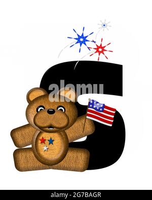 La lettre S, dans l'alphabet 'Teddy 4th of July', est noire. L'ours en peluche brun est drapeau américain. Les feux d'artifice en rouge, blanc et bleu explosent arou Banque D'Images