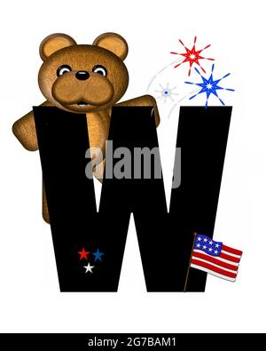 La lettre W, dans l'alphabet 'Teddy 4th of July', est noire. L'ours en peluche brun est drapeau américain. Les feux d'artifice en rouge, blanc et bleu explosent arou Banque D'Images