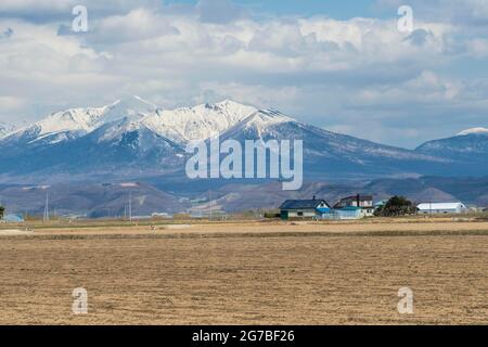 Vue sur le parc national de Daisetsuzan depuis Furano, Hokkaido, Japon Banque D'Images