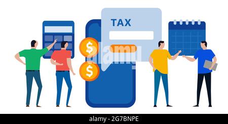 Formulaire de déclaration d'impôt en ligne à l'aide d'un téléphone intelligent, les gens y sont entrés en remplissant le formulaire de déclaration d'impôt numérique Illustration de Vecteur