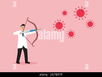 Médecin luttant contre le coronavirus par seringue avec le vaccin. Concept de vaccination COVID-19. Illustration de Vecteur