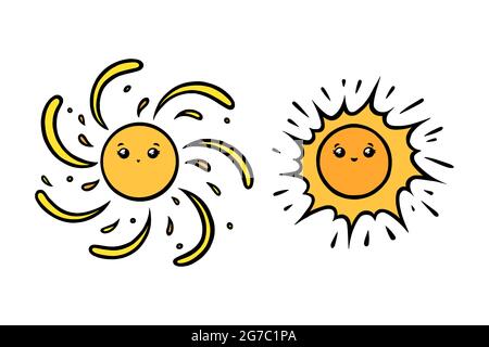 Des lunettes de soleil mignons avec les yeux et les sourires. Visages souriants au soleil jaune avec style Doodle. Illustration vectorielle noir et blanc isolée sur fond blanc Illustration de Vecteur