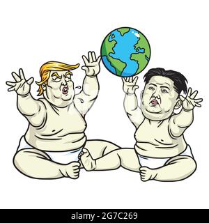Bébé Trump et Kim Jong-un jouant le Globe. Illustration de dessin animé Illustration de Vecteur