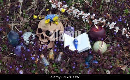 Rituel Beltane avec crâne, livre ouvert de sorts, cristaux et fleurs à l'extérieur. Arrière-plan ésotérique, gothique et occulte, Halloween mystique et wicca conc Banque D'Images