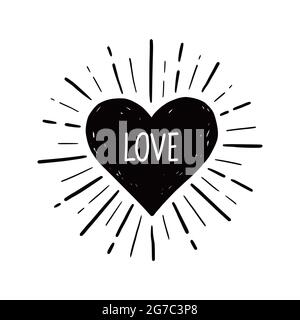 Cœur avec texte d'amour. Style d'esquisse dessiné à la main. Illustration vectorielle en forme de cœur pour cadre en forme de soleil, citation d'amour Illustration de Vecteur