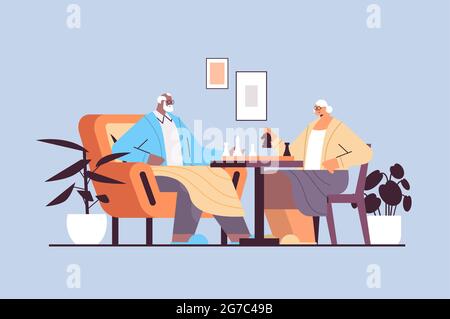 couple âgé jouant aux échecs homme senior femme passant du temps ensemble horizontal Illustration de Vecteur