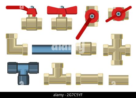 Définir. Raccords, tarauds, plis et raccords. Cuivre et laiton. Pièces de rechange pour les pipelines, les égouts, les gazoducs et tous les liquides. Isolé sur un bac blanc Illustration de Vecteur